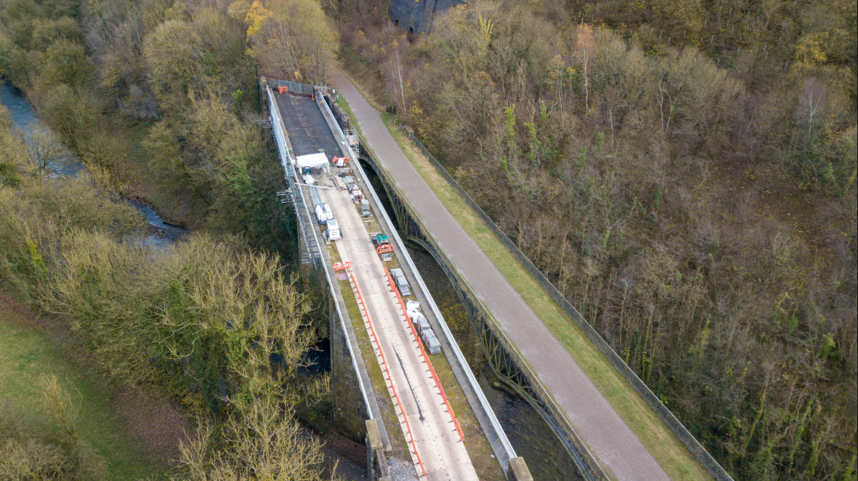Aerial view of Millers Dale North Viaduct showing the construction site layout across the steel spans.